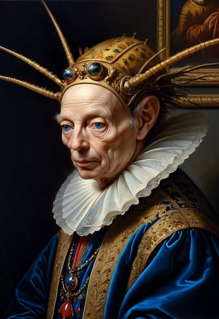 Rembrandt realistic oil painting, retro artstyle, score_9, score_8_up, score_9_up, very detailed, ultra realistic, (best quality) very detailed masterpiece, portrait of an futuristic alien, insect-like alien creature in medieval environment, red and blue velvet, very dark background, baroque style, gold, marble, flowers, very dramatic lighting, much shadow, rembrandt style vermeer style, realistic realistic, realism, photo realistic oil painting, photo realistic painting