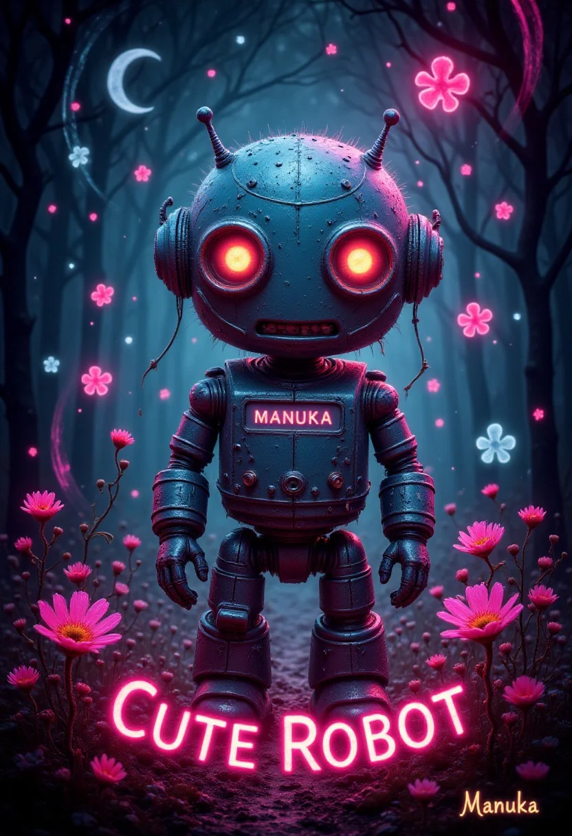 aidmaTextImprover, (book cover, with text: "The Cute Robot" small text: "Manuka", professional photography of an fantastical cute robot with whimsical elements, flowers and swirling magic, eerie fairytale landscape, elaborate fantasy style art, very colorful, intricate details, ultra sharp, exquisite detail, flawless composition, vivid colors, masterpiece, exciting background, magical glow, internal glow, magic, fantasy, glowing, colorful