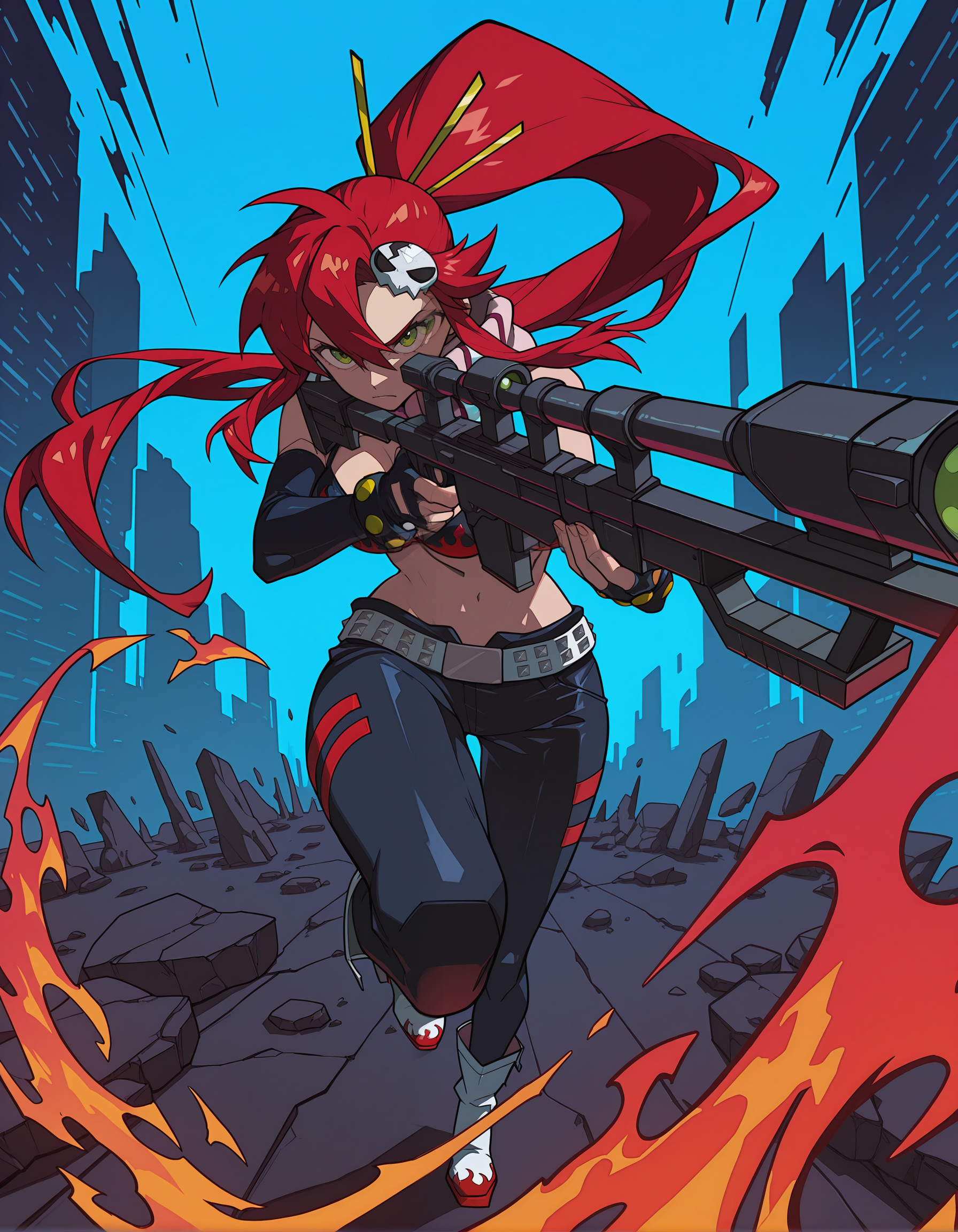 incredibly absurdres, masterpiece, absurdres, high quality,7A3IFRHPR_illu, <lora:hwm4to7A3IFRHPR:1>,yoko littner, red hair, bright green eyes, fierce expression,holding sniper rifle,   studded belt, exposed midriff, dynamic pose, vibrant colors, blue background, detailed illustration, digital art style, action-packed, sci-fi aesthetic, cyberpunk influence, bold contrasts, energetic composition,abstract background, dynamic_pose,synamic composition,vibrant colors,flames