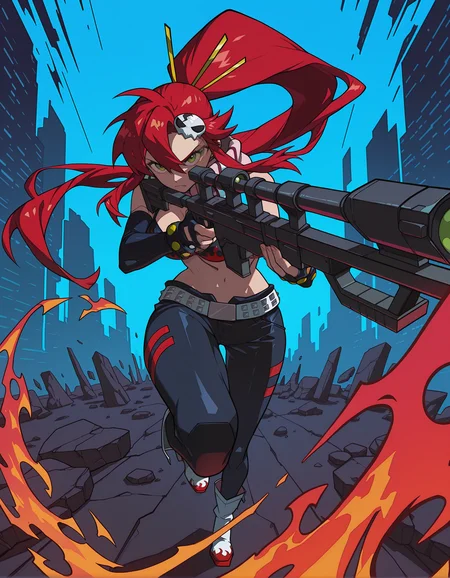 incredibly absurdres, masterpiece, absurdres, high quality,7A3IFRHPR_illu, <lora:hwm4to7A3IFRHPR:1>,yoko littner, red hair, bright green eyes, fierce expression,holding sniper rifle, studded belt, exposed midriff, dynamic pose, vibrant colors, blue background, detailed illustration, digital art style, action-packed, sci-fi aesthetic, cyberpunk influence, bold contrasts, energetic composition,abstract background, dynamic_pose,synamic composition,vibrant colors,flames
