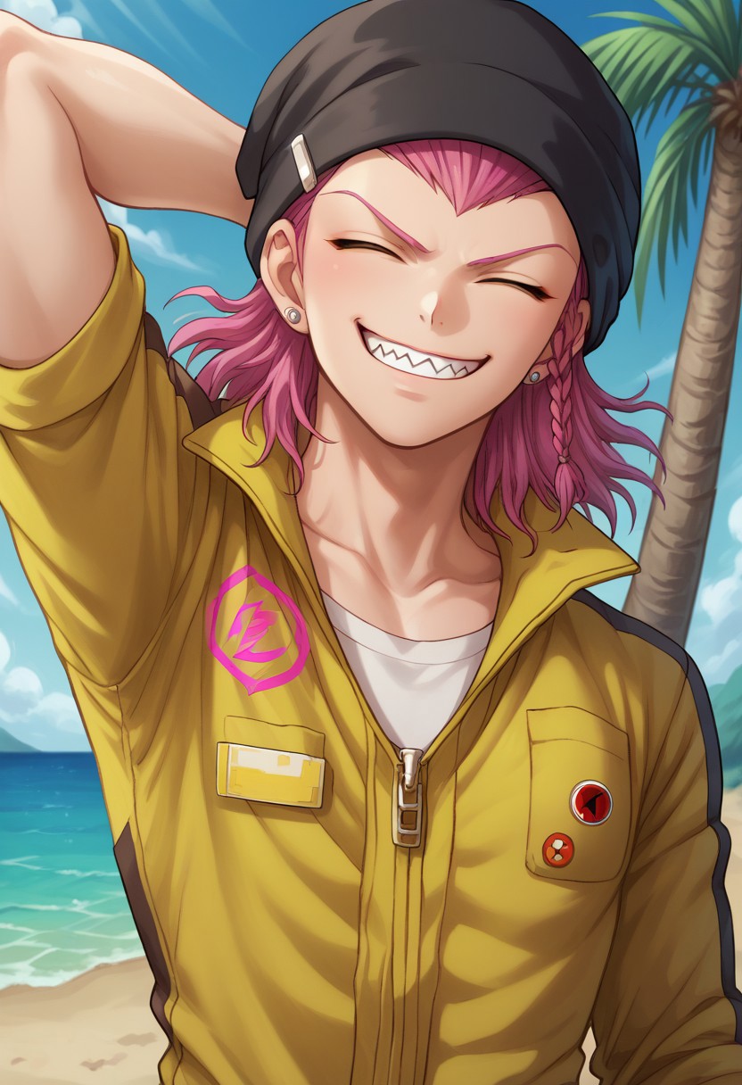 score_9, score_8_up, score_7_up, source_anime, highly detailed, 
kazuichi, 1boy, male focus, sharp teeth, teeth, smile, solo, pink hair, jumpsuit, jewelry, braid, earrings,
collarbone, closed eyes, grin, beanie, upper body, hat, medium hair, arms behind head, facing viewer,
black headwear, side braid, bangs,
outdoor, palm tree, ocean, day