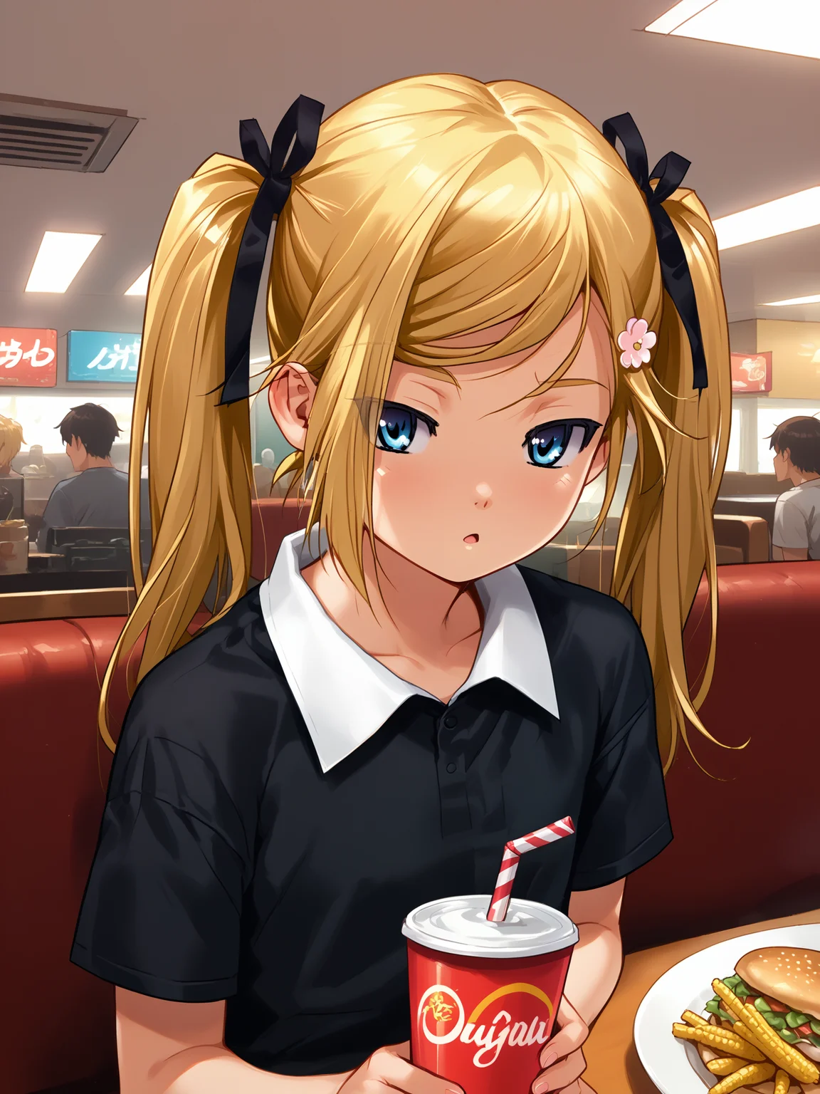 (upper body, solo focus:1.2) <lora:happy_tentacle-mafuyu-v0.2-000030:1>, ht_mafuyu, blonde hair, twintails, hairclip, , flat chest (petite:1.2), <lora:Shed_The_Skin's StS_age_slider_v1_initial_release:-1.5> ( :1.1) ( , , ( :1.2) , parted lips , :1.2) , indoors, ((dawn :0.6), (blue sky:0.6) :0.8), ( :0.9), (furniture:0.9), , , , , ( :0.9) , fast food , (chair, table:0.5), (corn , soda :0.8) ( :0.8) score_9, score_8_up, score_7_up, score_6_up, score_5_up, score_4_up, ( [(realistic, photorealistic:1.3):(realistic:1.2):16] [(3d:1.2)::14] :1) <lora:LUUNA's Lunas-NijiJourney-SDXL-B2:0.35>, nijijourney <lora:prgfrg23's Counterfeit-V3.0 Style SDXL_LoRA_Pony Diffusion V6 XL:0.5> <lora:mfcg's mfcgXL:0.12> <lora:reweik's gyokai(himehajime)_PonyXL_style_v01:0.14> black shirt