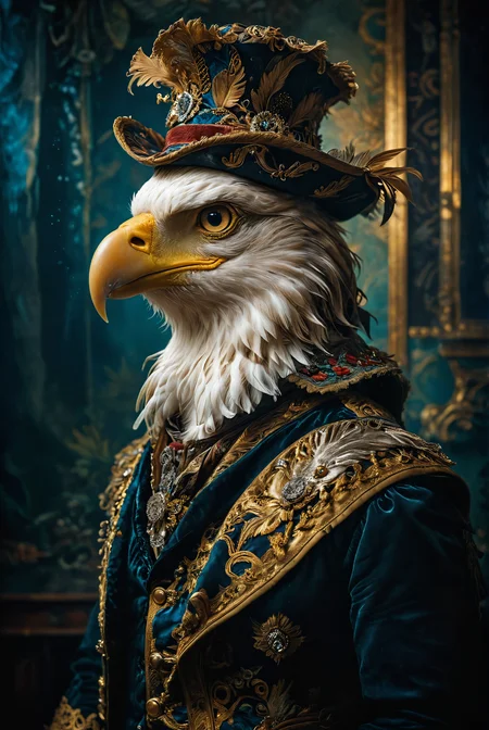 anthropomorphism. Create a portrait of a eagle dressed in 18th-century men's attire. The eagle wears an elaborate, ornate waistcoat, a ruffled cravat, and a classic tricorn hat, all rendered in rich fabrics and intricate patterns.
, photography, Natural geographic photo, Hyper-realistic, 16k resolution, (masterpiece, award winning artwork), many details, extreme detailed, full of details, Wide range of colors, high Dynamic,
<lora:MJ52:0.4>, <lora:SDXLFaeTastic2400:0.8>, <lora:CinematicStyle_v1:0.8>, <lora:zavy-cntrst-sdxl:0.5> novuschroma37 style, style of holga photography, light leaks, double exposure, <lora:add-detail-xl:2>