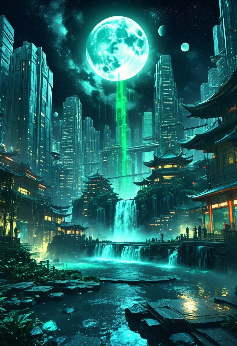 score_9, score_8_up, score_8_up, ((Cinematic composition)),((masterpiece)), (resplendent lighting), absurdres, very fine detail, 8k. Lush futuristic city.
(by Ellen Jewett:1.5), (Bioluminescent Impressionism, Chinese futuristic cityscape , full moon in the night sky, waterfall from tall buildings, ethereal landscapes, depth of field, biotech emotion:1.3) <lora:xl_more_art-full_v1:0.5> <lora:add-detail-xl:1> <lora:RMSDXL_Creative:2>