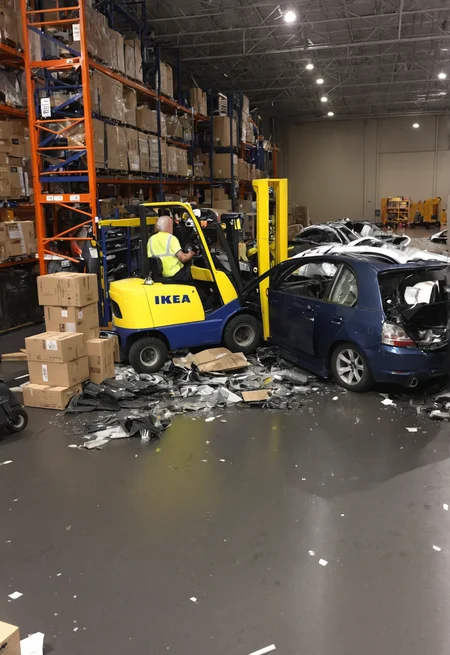 photo of an ikea worker crashed a forklift in a warehouse. middle-aged man, car crash, wreck