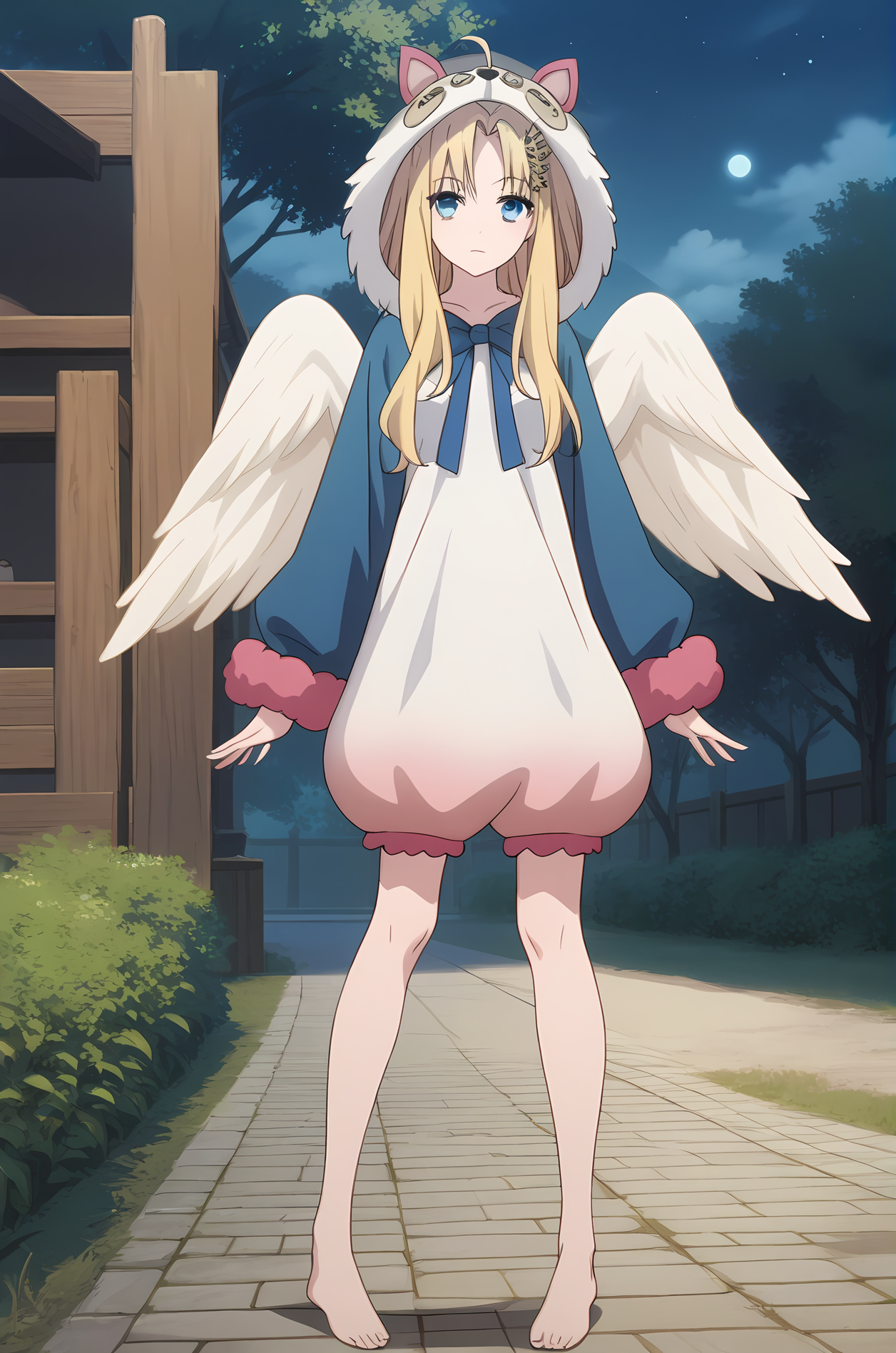 (animal costume:1.40), sh-filo, white wings, long hair, parted bangs, ahoge, hair ornament, blue eyes, 1girl, solo, skinny, (score_9, score_8_up, score_8, score_7_up), score_7, score_6_up, score_6, source_anime,
(horny:1.20),
(night sky outdoors:1.20),
(standing:1.30),
(:1.30), <lora:sh-filo-V01-000004:1.00>, (medium breasts), [bare legs, barefoot]