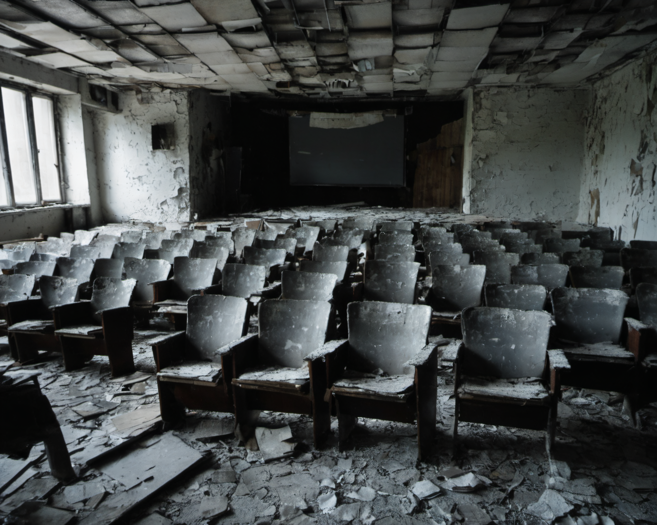 best quality, realistic, vray, hdr, in a post-apocalyptic crumbling cinema, torn posters, dusty projector, broken seats, lopsided screen., by Eve Arnold, Chern4byl enviroment  <lora:Chenorbyl_v1:0.8>