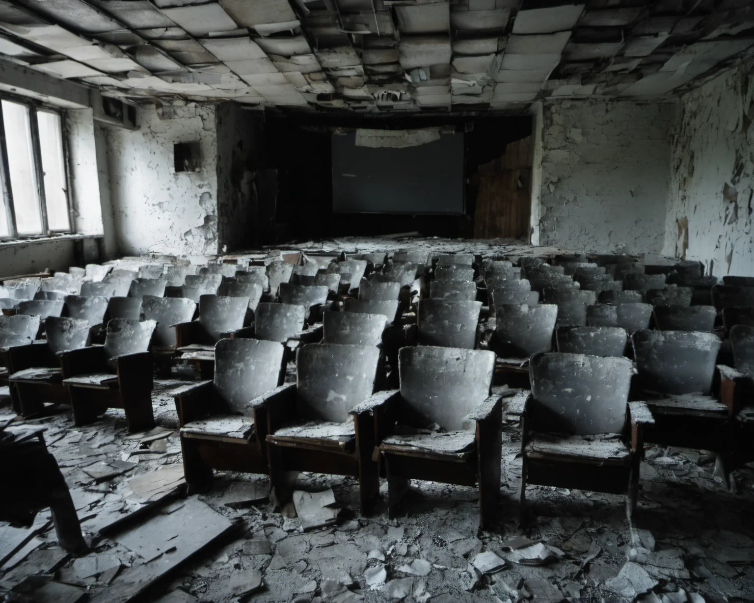 best quality, realistic, vray, hdr, in a post-apocalyptic crumbling cinema, torn posters, dusty projector, broken seats, lopsided screen., by Eve Arnold, Chern4byl enviroment <lora:Chenorbyl_v1:0.8>