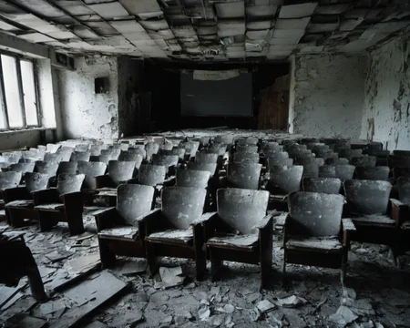 best quality, realistic, vray, hdr, in a post-apocalyptic crumbling cinema, torn posters, dusty projector, broken seats, lopsided screen., by Eve Arnold, Chern4byl enviroment  <lora:Chenorbyl_v1:0.8>