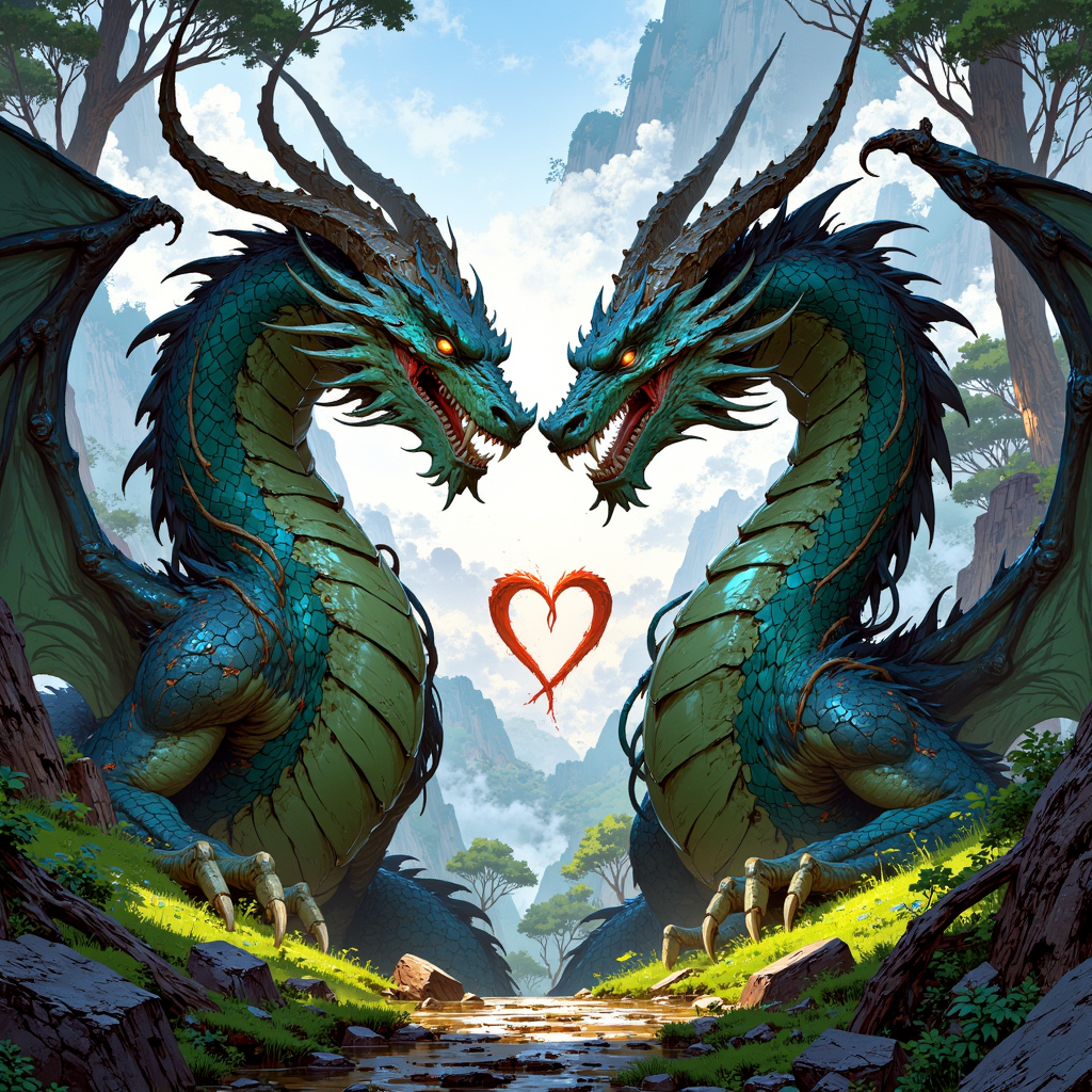  two dragon love each other, a dreamlike valley, aural light, hearts, 