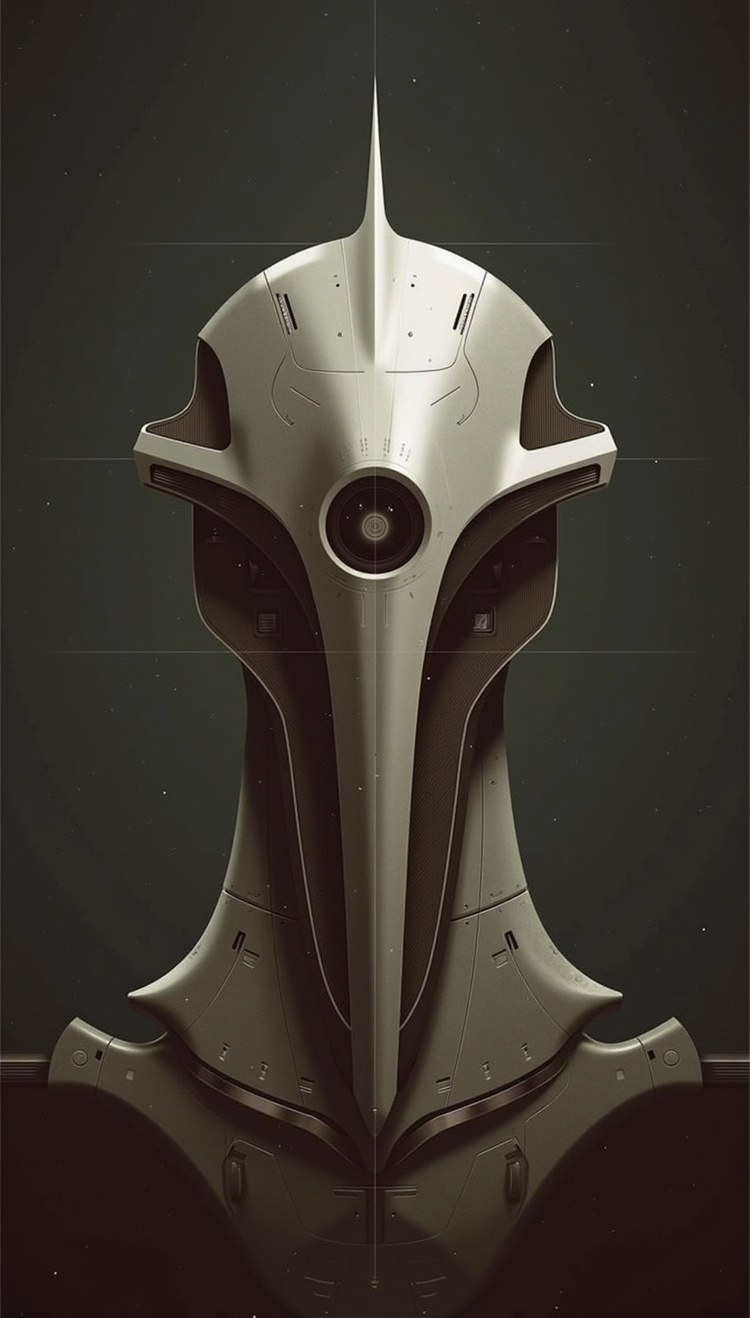YFG-SRS, YFG-Taal, sharp photo of a digital illustration of a futuristic helmet. The helmet is made of metal and has a metallic sheen. It has a pointed top with a small finial on top. The front of the helmet has a large circular hole in the center, which appears to be a circular emblem. The emblem is made up of small circles and lines, and is surrounded by a dark brown border. The background is a dark grey color, and the overall mood of the image is ominous and ominous.