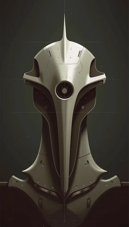 YFG-SRS, YFG-Taal, sharp photo of a digital illustration of a futuristic helmet. The helmet is made of metal and has a metallic sheen. It has a pointed top with a small finial on top. The front of the helmet has a large circular hole in the center, which appears to be a circular emblem. The emblem is made up of small circles and lines, and is surrounded by a dark brown border. The background is a dark grey color, and the overall mood of the image is ominous and ominous.