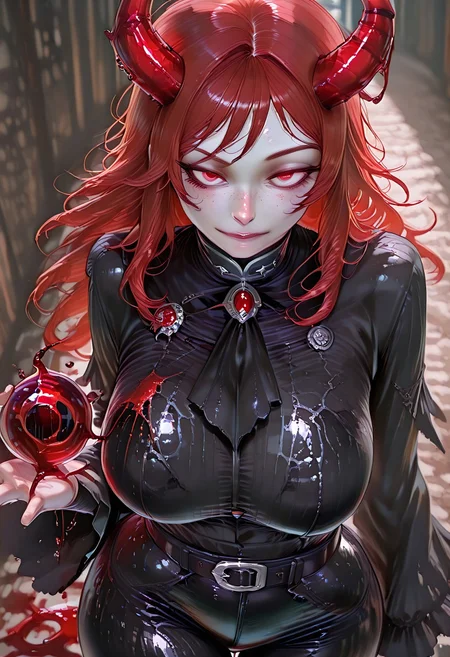 very aesthetic, masterpiece, best quality, highres, absurdres, amazing quality, high resolution, 1girl, solo, medieval background, detailed eyes, perfect eyes, expressive eyes, Expressiveh, vivid colors, realistic lighting, perfect anatomy
Red Eyes, long hair, red hair, pale skin, voluptuous, cellulite, chubby, large breasts, ((uneven eyes)), freckles, lots of freckles, crazy eyes, wide hips
black gloves, sharp fingers, black shirt, button up shirt, button down shirt, black ascot, black frills, buttons, wide sleeve cuffs, black belt, black cuffs, gambeson, black leggings, shiny leather
blurred blood bending horns, liquid horns made of blood stream), blurred fleshy red horns roots, bending blood in the shape of a (swirling orb:1.3), high angle, close-up on hands,reflective blood textures, intense, mystical atmosphere,
