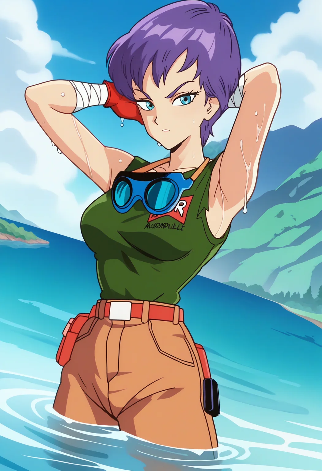 score_9, score_8_up, score_7_up, score_6_up, anime screencap, anime coloring, <lora:DBExtraGirl14:0.9>, DBExtraGirlViolet, 1girl, solo, purple hair, short hair, blue eyes, breasts,
goggles around neck, green tank top, bandaged arm, red gloves, belt, brown pants,
river, wet, looking at viewer, arms behind head, armpits, wet clothes, serious, wading, legs apart, dutch angle, water, legs,
BREAK outdoors, sky, day, sunlight,