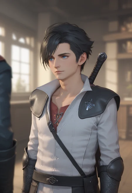 score_9, score_8_up, score_7_up, BREAK anime, 1boy, clive_ffxvi, black hair, blue eyes, sword on back, blurred background, indoors <lora:Clive_Rosfield:0.6>