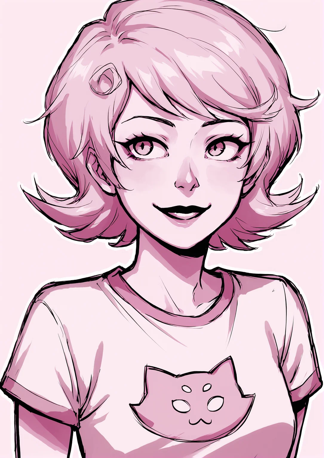 score_9, score_8_up, score_7_up, score_6_up, score_5_up, score_4_up, 2d, anime, anime artstyle, simple shadows, flat coloring, flat shadows, thick lines, white outline, <lora:Roxy_Lalonde_-_Homestuck__Variant_canon_outfits__SDXL_Pony:1> roxlal, 1girl, solo, smile, short hair, shirt, monochrome, upper body, sketch, lips, t-shirt, flipped hair, pink theme, cat print BREAK source_anime