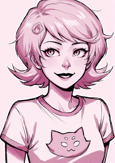 score_9, score_8_up, score_7_up, score_6_up, score_5_up, score_4_up, 2d, anime, anime artstyle, simple shadows, flat coloring, flat shadows, thick lines, white outline, <lora:Roxy_Lalonde_-_Homestuck__Variant_canon_outfits__SDXL_Pony:1> roxlal, 1girl, solo, smile, short hair, shirt, monochrome, upper body, sketch, lips, t-shirt, flipped hair, pink theme, cat print BREAK source_anime
