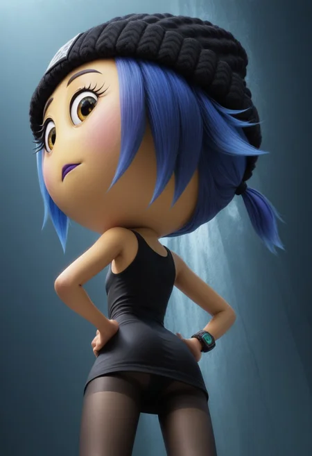 jailbreak, 1girl, yellow emoji, blue hair, ponytail, yellow sunshine eyes, pink cheeks, purple lipstick, round head, big head, chibi, no neck, black beanie with a skeleton on it, black code breaker watch with blue light, short black dress, black skinny tights, score_8_up, score_7_up, BREAK, 1girl, solo, cute, from behind, looking back, from below, hands on hips, head tilt, ass focus, looking at viewer, detailed background, 4k, masterpiece, best quality, highly detailed, realistic, 3d, low-angle shot