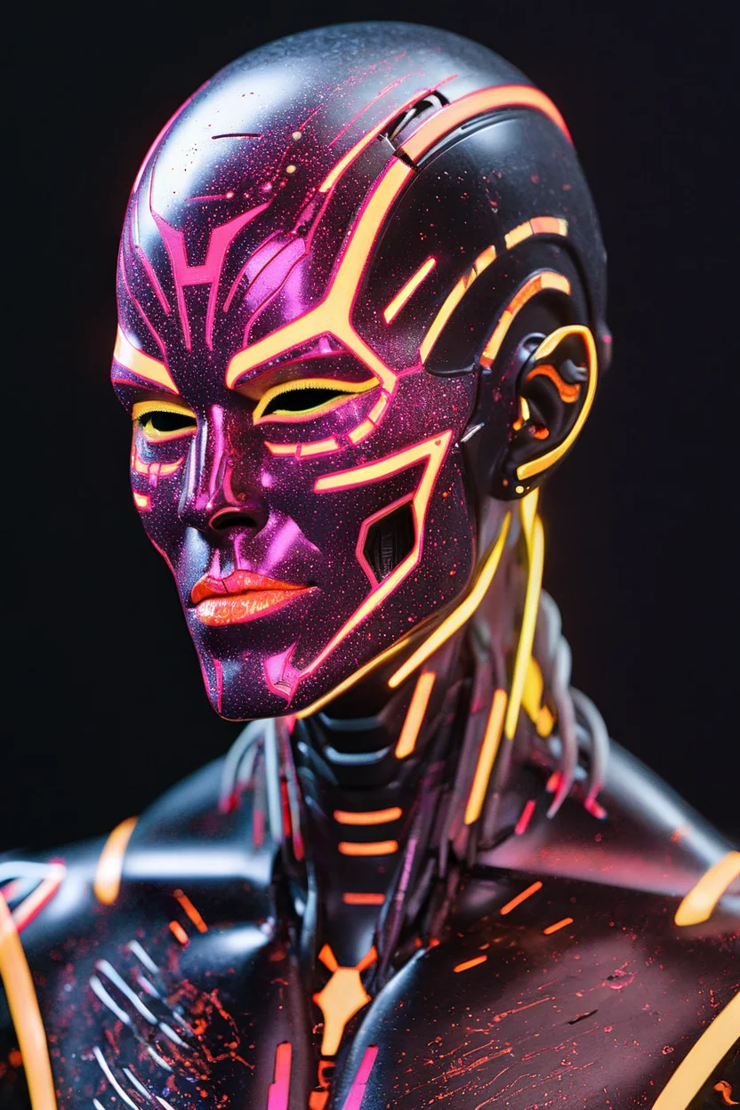 hyperrealistic illustration, commercial portrait, tack sharp, cyborg, robotic, alien god with blacklight makeup