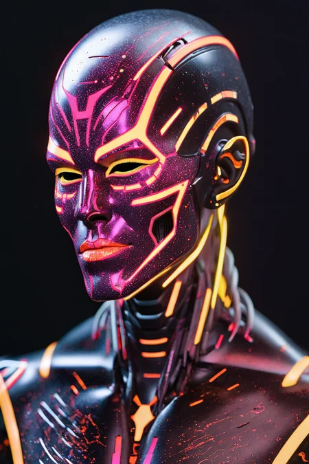 hyperrealistic illustration, commercial portrait, tack sharp, cyborg, robotic, alien god with blacklight makeup
