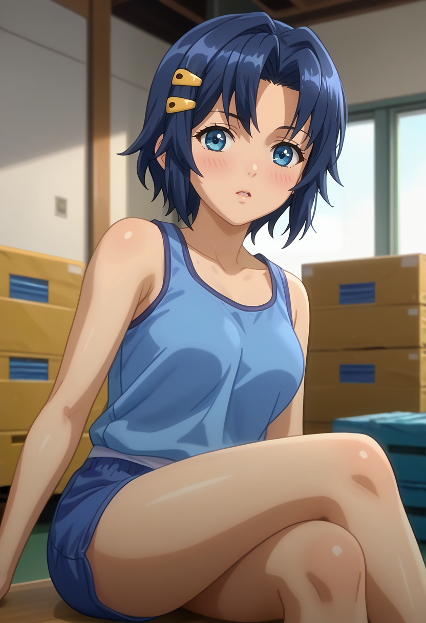 score_7_up, anime screencap,
<lora:RyouSeibai_MukuchiKuuXL:0.8>, MukuchiKuu,
1girl, solo, parted lips, blush,
short hair, blue hair, blue eyes, hairclip,
blue tank top, medium breasts, blue shorts,
sitting, crossed legs, looking at viewer,
blurry background, indoors, gym storeroom