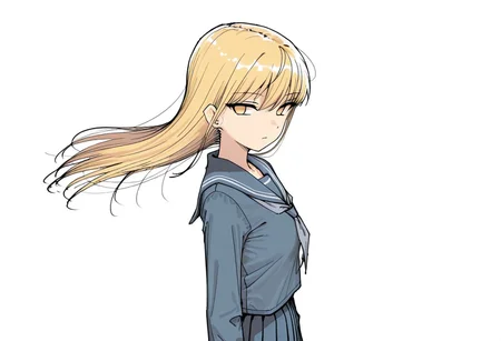 lazypos, girl focus, 1girl, solo, long hair, school uniform, simple background, white background, looking at viewer, grey neckerchief, arms at sides, skirt, long sleeves, shirt, yellow eyes, closed mouth, no pupils, from side, serafuku, blue skirt, upper body, sailor collar, blue shirt, looking to the side, pleated skirt, expressionless, floating hair, blonde hair, kaedeko, bms07sty