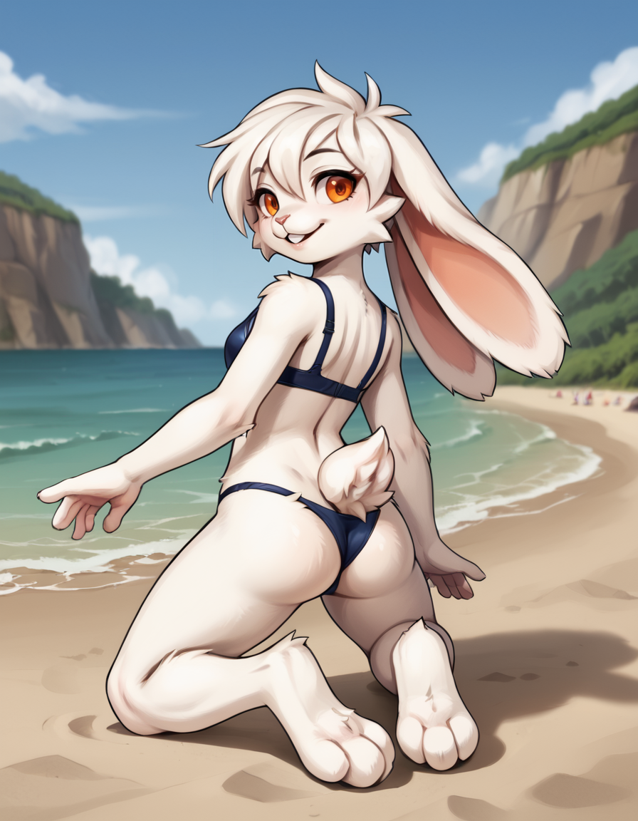 outdoors,beach,
full body,smile,long eyelashes,parted lips,
swimsuit,bra,thong bikini,pose, from behind, 
<lora:Mimiga_v01_PDXL:1>,Mimiga,1girl,solo,furry female,rabbit girl,rabbit tail,rabbit ears,white fur,body fur,white hair,short hair,orange eyes,animal nose,