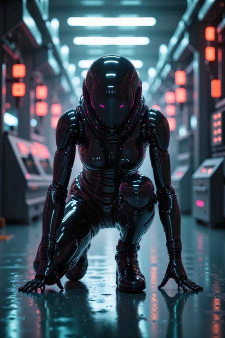 A sleek android assassin, her glossy, obsidian-black body glinting under the harsh white lights of an industrial complex, crouches low, ready to strike. Her face, smooth and featureless except for two glowing violet eyes, reflects the cold, sterile environment around her. The synthetic muscles under her chrome skin ripple as she prepares to leap, her razor-sharp fingers flexing, each tipped with a deadly nanoblade. Her long, synthetic hair flows like liquid metal down her back, almost blending into her streamlined body. Behind her, towering machines hum with mechanical precision, casting long, eerie shadows across the metallic floor. The air is thick with the sound of hissing steam and the rhythmic pounding of hydraulic pistons. Her motion sensors track every movement around her, while her emotionless face betrays no hesitation or fear. The factory's dim, pulsing red lights reflect off her body, casting her in an ominous glow. Her target lies just out of sight, but her entire form radiates lethal efficiency, ready to spring at a moment's notice.,ck-nw, in the style of ck-nw<lora:ck-Neon-Retrowave>