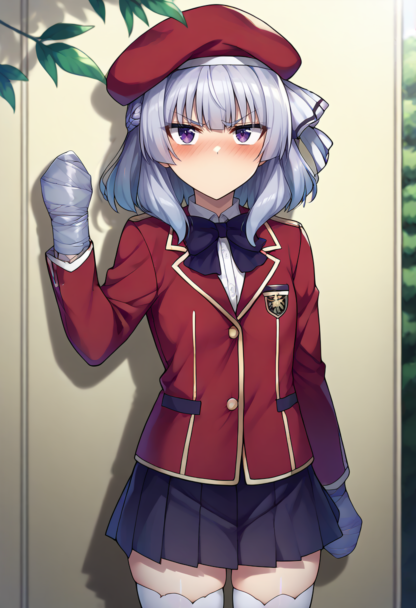 score_9,score_8_up,score_7_up,score_6_up,score_5_up,score_4_up,
1girl, sakayanagi arisu, short hair, french braid, beret, school uniform, black pleated dress, white thighhighs, bowtie, hair bow, red jacket, small breasts, angry, blush, 
solo, cowboy shot, outdoors, dappled sunlight, against wall, leaf, looking at viewer, 
taped fingers, no mouth, 
<lora:tapedhandsmerge2:1> <lora:arisuponyxl-15:1> <lora:mouthless-15:1>