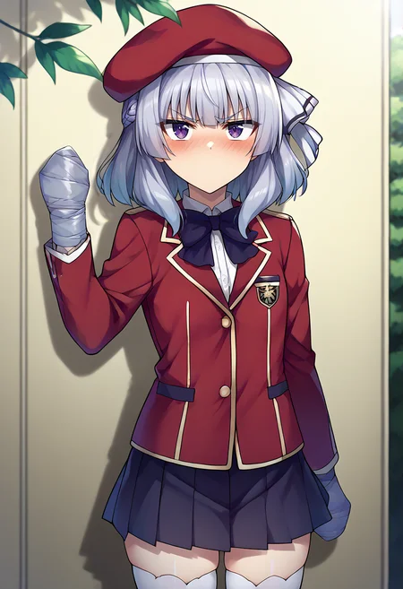 score_9,score_8_up,score_7_up,score_6_up,score_5_up,score_4_up,
1girl, sakayanagi arisu, short hair, french braid, beret, school uniform, black pleated dress, white thighhighs, bowtie, hair bow, red jacket, small breasts, angry, blush,
solo, cowboy shot, outdoors, dappled sunlight, against wall, leaf, looking at viewer,
taped fingers, no mouth,
<lora:tapedhandsmerge2:1> <lora:arisuponyxl-15:1> <lora:mouthless-15:1>