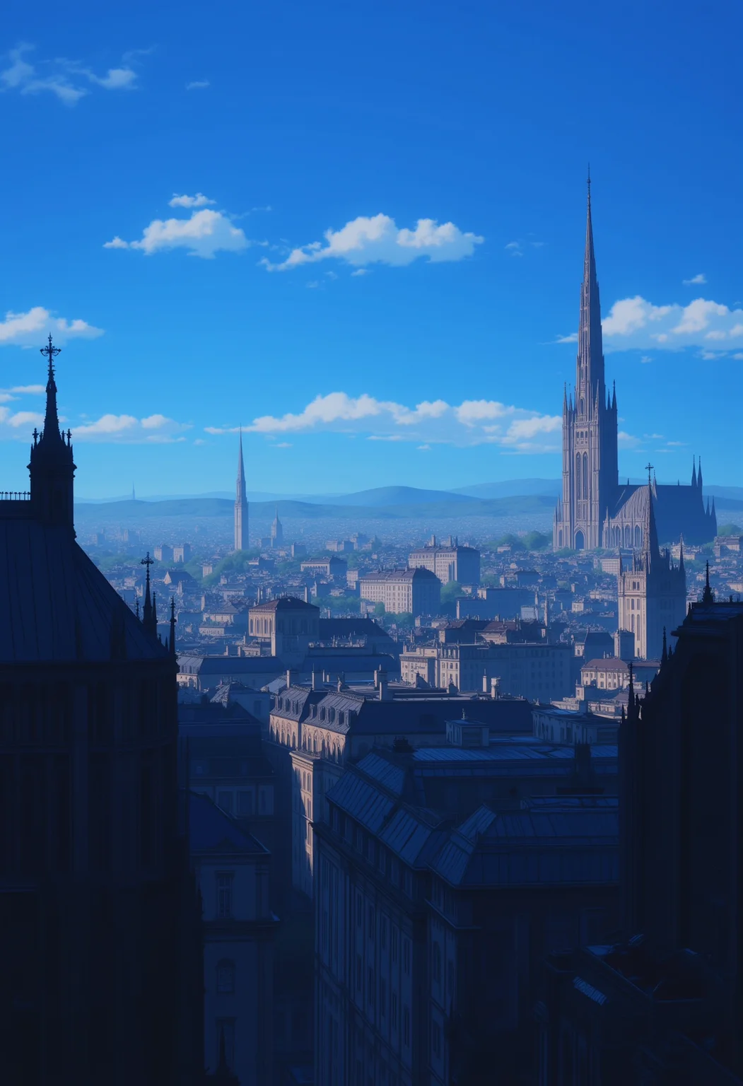 <lora:NeonFantasyPrimeFLUX-000049:0.8> ne0nfant4sy,
in the background, a vast cityscape is visible, with tall buildings and a prominent cathedral spire, indicating a medieval or gothic urban setting. the sky is a deep blue, with a few scattered clouds, and the lighting suggests either dawn or dusk.