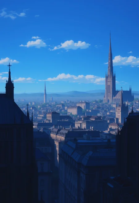 <lora:NeonFantasyPrimeFLUX-000049:0.8> ne0nfant4sy,
in the background, a vast cityscape is visible, with tall buildings and a prominent cathedral spire, indicating a medieval or gothic urban setting. the sky is a deep blue, with a few scattered clouds, and the lighting suggests either dawn or dusk.