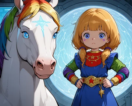 IllusP0s, PonyScores7, source_anime, ah1, IllustriousQual, interesting, exciting, spectacular, wonderful,
BREAK (cut-in),
BREAK 1girl, <lora:Rainbow Brite Illustrious 1:0.6>, Rainbow Brite, Starlight, A white horse with a rainbow mane, <lora:shinyskin2:0.2>, glistening skin,
BREAK  (blonde hair), long hair, <lora:hairdetailpxl:0.2>, hairdetailpxl,
BREAK (blue eyes), <lora:expressive eyes:0.2>, expressive eyes, <lora:eyedetailpxl:0.2>, eyedetailpxl, <lora:Eyes_High_Definition:0.2>, EyesHD,
BREAK ((an expression of worry)), <lora:Expressive_H:0.2>, Expressiveh, <lora:Emotional_Anime_Expressions_PonyXL_Concept:0.2>, emotional, <lora:Best_Facial_Expression_LoRA_PONY:0.2>, looking at viewer, <lora:Detailed expressive EXEV style -XL Pony V1.0:0.2>, FaceDetail,
BREAK ((hands on hips, displaying impatience)),
BREAK (oyster bay holding a glowing vial containing stardust),
BREAK (((Techno-Phantom, A digital entity that exists in cyberspace, capable of influencing technology and gathering information while remaining undetectable))),
BREAK <lora:xl_more_art-full_v1:0.2>, <lora:aesthetic_anime_v1s:0.2>, <lora:EpicF4nta5yXL:0.2>, <lora:detailxl:0.2>, detailxl, <lora:Fant5yP0ny:0.2>, best quality, amazing quality, best aesthetic, absurdres, illustration, Volumetric_Lighting, ultra-detailed, very aesthetic, intricate details, 8k, masterpiece, best_quality
BREAK Stable_Yogis_PDXL_Positives, AS-Adult, <lora:Complicated fantasy portrait - XL Pony V2.0:0.2>, bad-hands-5, <lora:HDA_Detailer:0.3>,