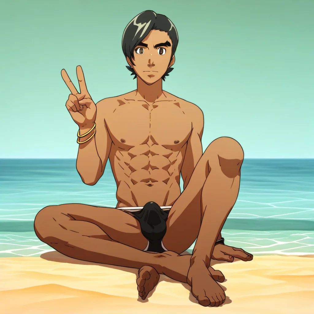Codec, 1boy, male focus, black hair, solo, dark skin, dark-skinned male, brown eyes, swimsuit, male swimwear, abs, bracelet, speedo, topless male,  score_9, score_8_up, score_7_up, score_6_up <lora:vinceteaa_020_04v2-step00000400r:1> good face, good eyes, looking at viewer, full body,