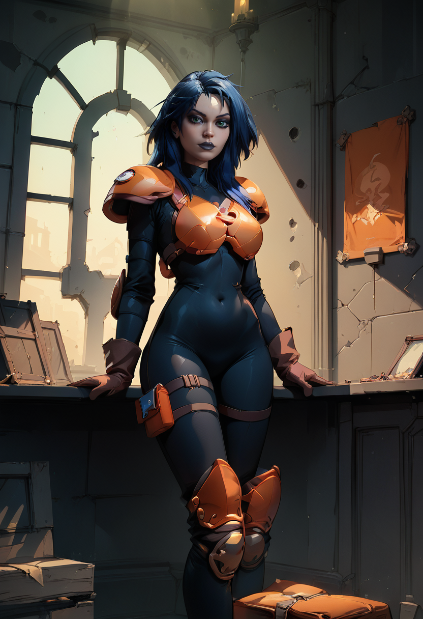 1girl, solo, full body shot,  standing, orange armor, deep blue hair, black bodysuit, dark green eyes, brown gloves, dark lipstick, looking at viewer, makeup,  inside of abandoned mansion,   <lora:Kylie_GriffinPony64:1>, <lora:Photo Style SDXL_LoRA_20r_10e_22i_nr32_a16_Pony Diffusion V6 XL:0.7>, score_9, score_8_up, score_7_up,