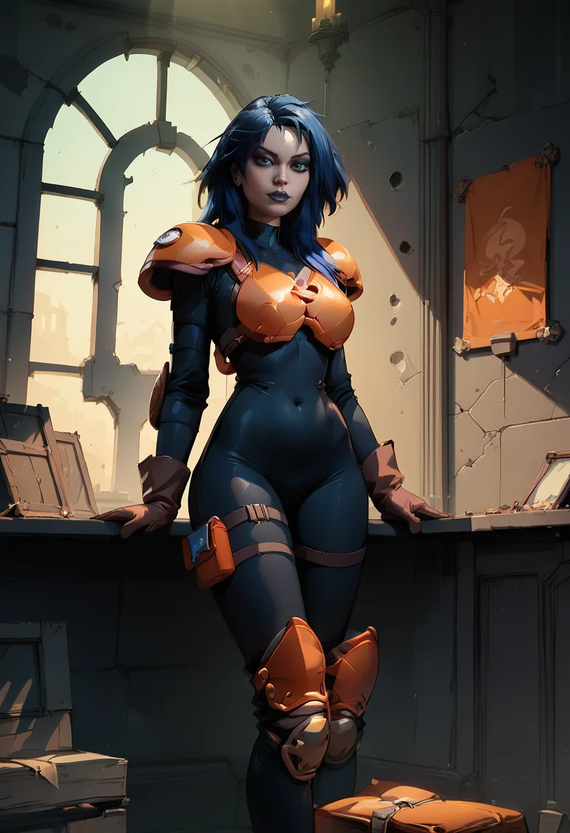 1girl, solo, full body shot, standing, orange armor, deep blue hair, black bodysuit, dark green eyes, brown gloves, dark lipstick, looking at viewer, makeup, inside of abandoned mansion, <lora:Kylie_GriffinPony64:1>, <lora:Photo Style SDXL_LoRA_20r_10e_22i_nr32_a16_Pony Diffusion V6 XL:0.7>, score_9, score_8_up, score_7_up,