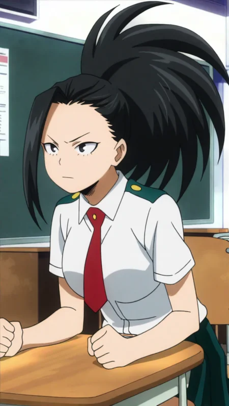 source_anime, masterpiece, best quality, amazing quality, anime screencap, high quality, 8k, absurdres, official style, 1girl, solo, sitting in chair, desk, classroom, serious, <lora:Momo_Yaoyorozu_iL:1>, m0m0 y40y0r0zu, black eyes, black hair, white school uniform, ponytail, long hair, hair pulled back, white shirt, skirt, pleated skirt, green skirt, necktie, red necktie, black socks, loafers,