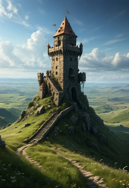 Durlags, (Tower fortress high on the highest hill of the rolling hills and grasslands to the horizon, vast endless grasslands marked with low-rolling hills. The tower looks out over a side vista of the plains, high fantasy flora and fauna ), ((maximum detail, supreme quality, 4k, best clarity))