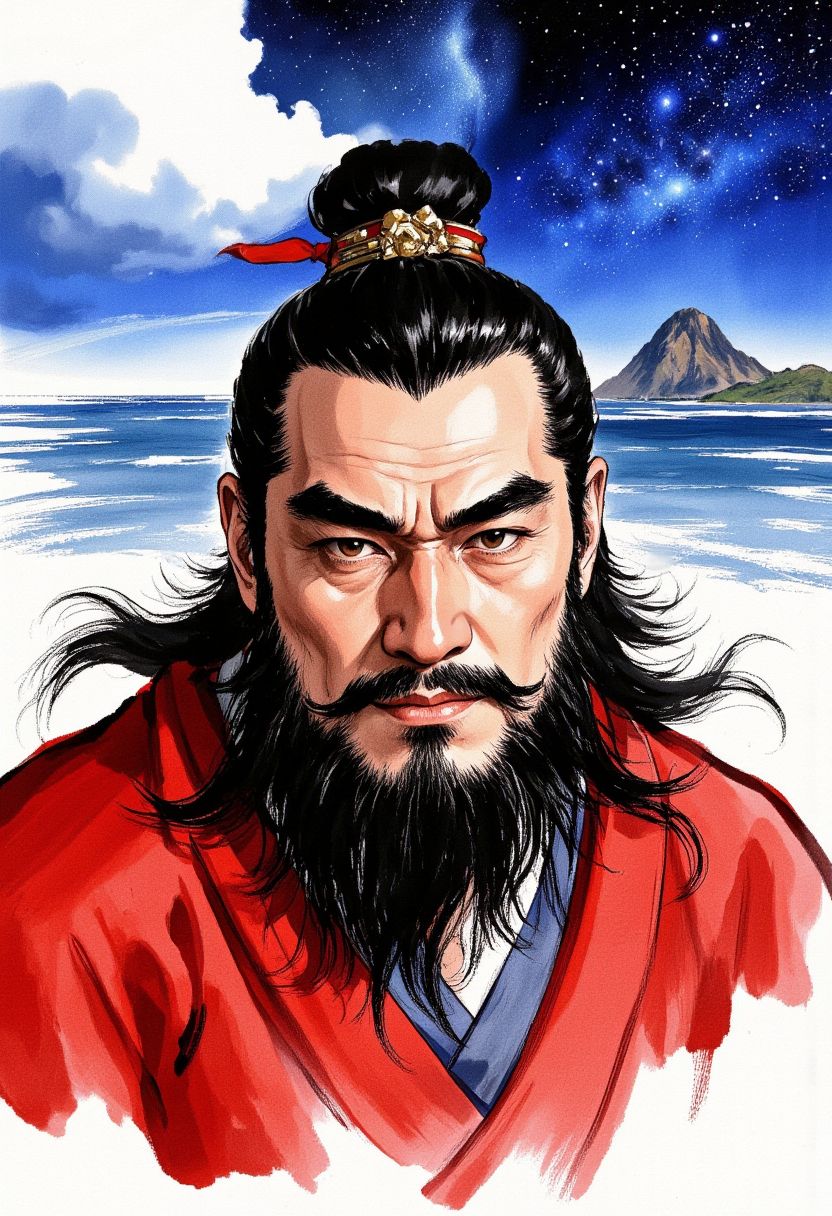 An image in style of ink wash painting, featuring portrait of a 40-year-old rugged Chinese warrior with strong presence. He has (thick eyebrows), a (distinguished mustache), and a (rugged beard), with black hair tied in a traditional topknot. He wears a ((vibrant red robe)) that contrasts with the background. Behind him extends a (blue vast ocean) at a Dutch angle with tilted horizon. Above, a deep night sky reveals a (clear Milky Way) and faint traces of satellites. The man looks directly at the viewer with a subtle smile, conveying wisdom and confidence. Full portrait composition with face prominently featured. <lora:Shuimozhuangshi_Ink_wash_painting_style_v2.7:1>