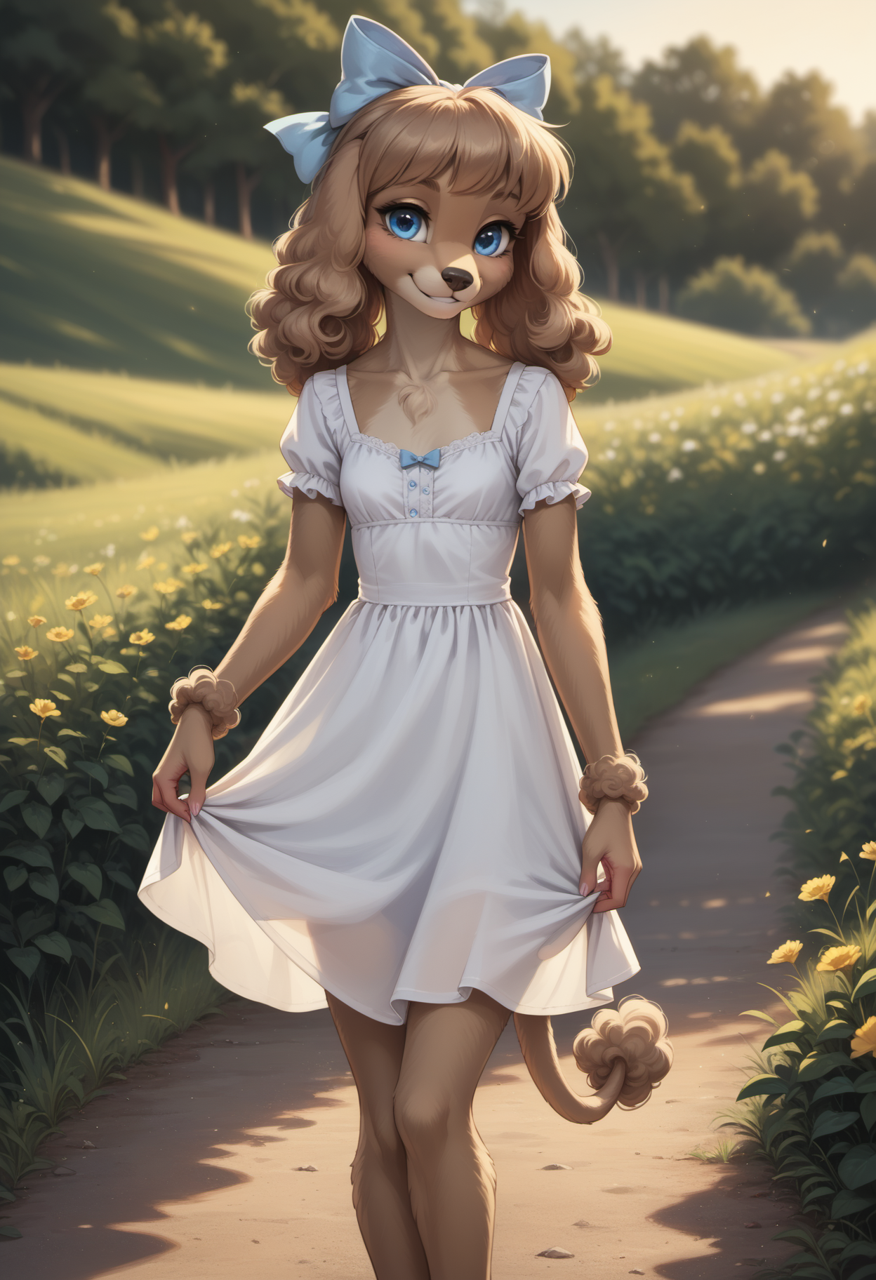 score_9, score_8_up, score_7_up, source_furry, high quality, perfection, detailed, aesthetic, well-lighted,
meadow, road,
1girl, solo,
furry female, anthro, furred body, fluffy fur, beautiful girl, cute girl, young, youthful, beautiful face, beautiful eyes, perfect eyes, detailed eyes,
poodle girl, light-brown fur, small breasts, blue eyes,  
white sundress, hair bow,
smile, looking at viewer,
<lora:princess_xl_v2:0.6>, <lora:p_ami_v10_adafactor:0.4>, <lora:incase-ilff-v3-4:0.5>, <lora:CleanDetailed_Eyes:0.25>,âââ