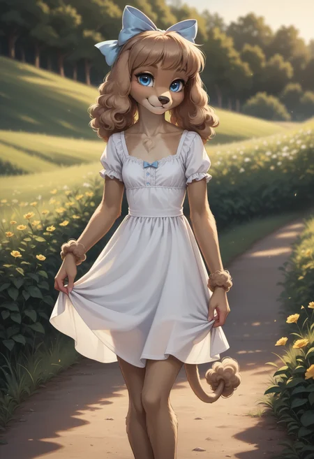 score_9, score_8_up, score_7_up, source_furry, high quality, perfection, detailed, aesthetic, well-lighted,
meadow, road,
1girl, solo,
furry female, anthro, furred body, fluffy fur, beautiful girl, cute girl, young, youthful, beautiful face, beautiful eyes, perfect eyes, detailed eyes,
poodle girl, light-brown fur, small breasts, blue eyes,
white sundress, hair bow,
smile, looking at viewer,
<lora:princess_xl_v2:0.6>, <lora:p_ami_v10_adafactor:0.4>, <lora:incase-ilff-v3-4:0.5>, <lora:CleanDetailed_Eyes:0.25>,âââ