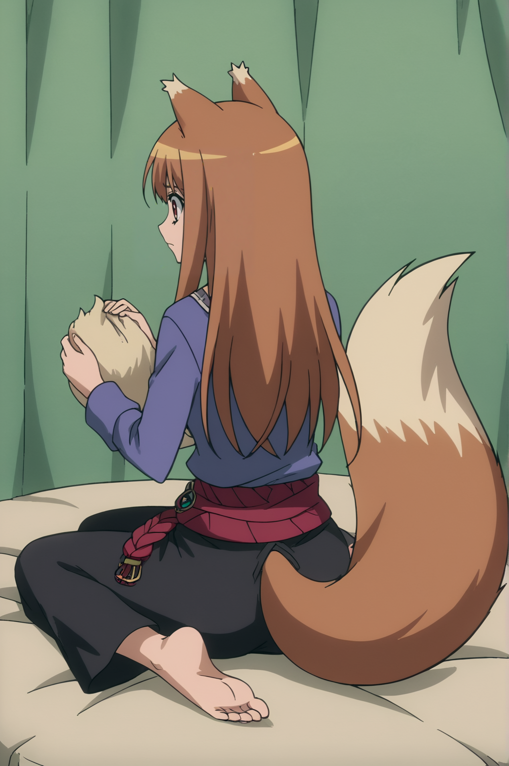 score_9, score_8_up, score_7_up,anime_source, source_anime, best background, detailed background, anime screencap  Holo, Main Outfit, solo, sitting, barefoot, holding own tail  <lora:JN_Holo:0.8>