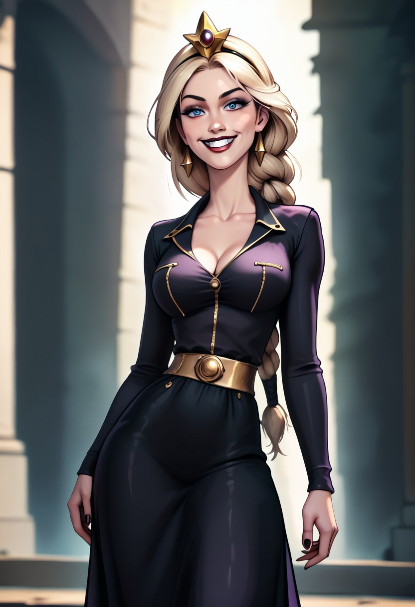 score_9, score_8_up, score_7_up, score_6_up, PRSNL_3_1, uncensored, pupils black dots, lips, upper body, best quality, masterpiece, 4k, realistic, warm light, 
tall,evil smile,black top,black sleeves,black high heels, purple long skirt,gold crown,gold earrings,red lips,narrow waist,medium breasts,blonde hair,long braided ponytail,