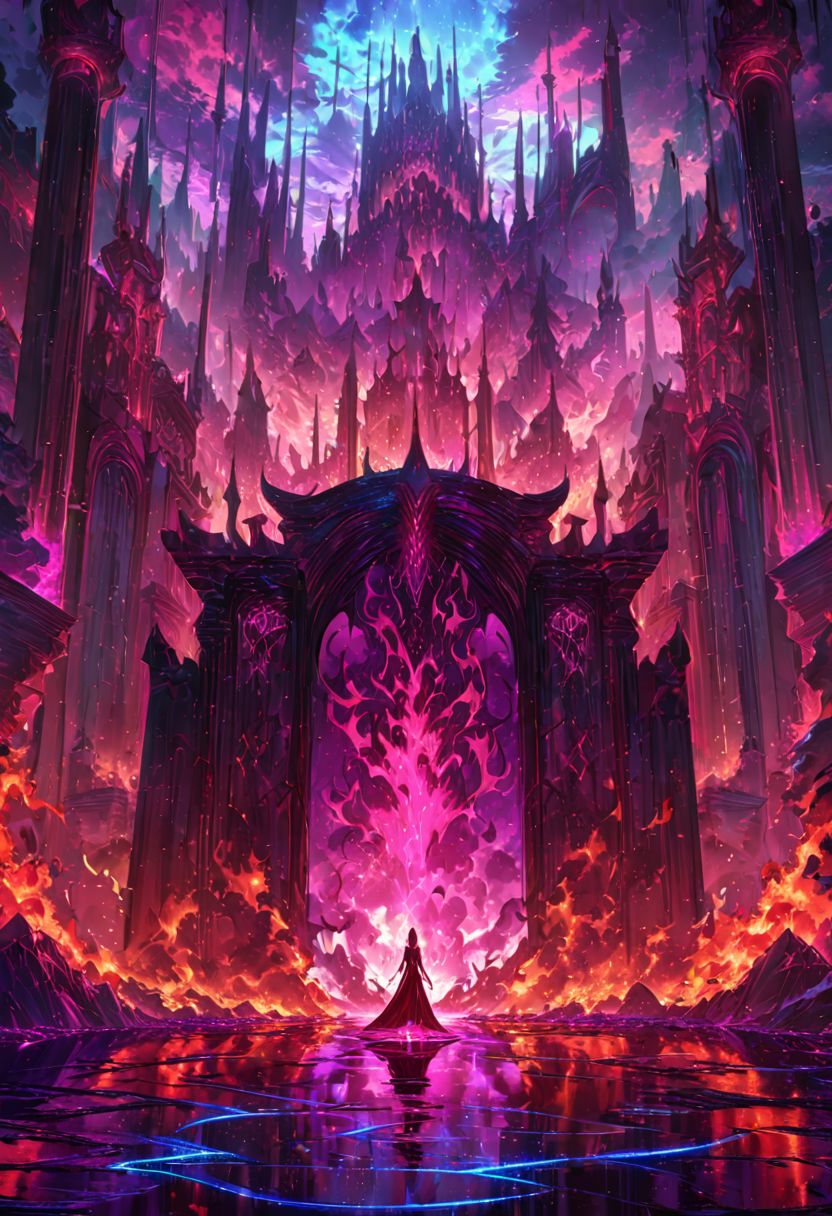 serene night, beautiful sky, dancing silhouette, Complex landscape, best quality, scary colors, light red tint, aesthetic hellscape, Effulgent, Idyllic atmosphere, hellfire, demonic, fire pool, throne, throne room, global illumination,  glowneon, Anisotropic Filtering, Unrivaled Opus, Unconventional, hyper detailed, HDR,