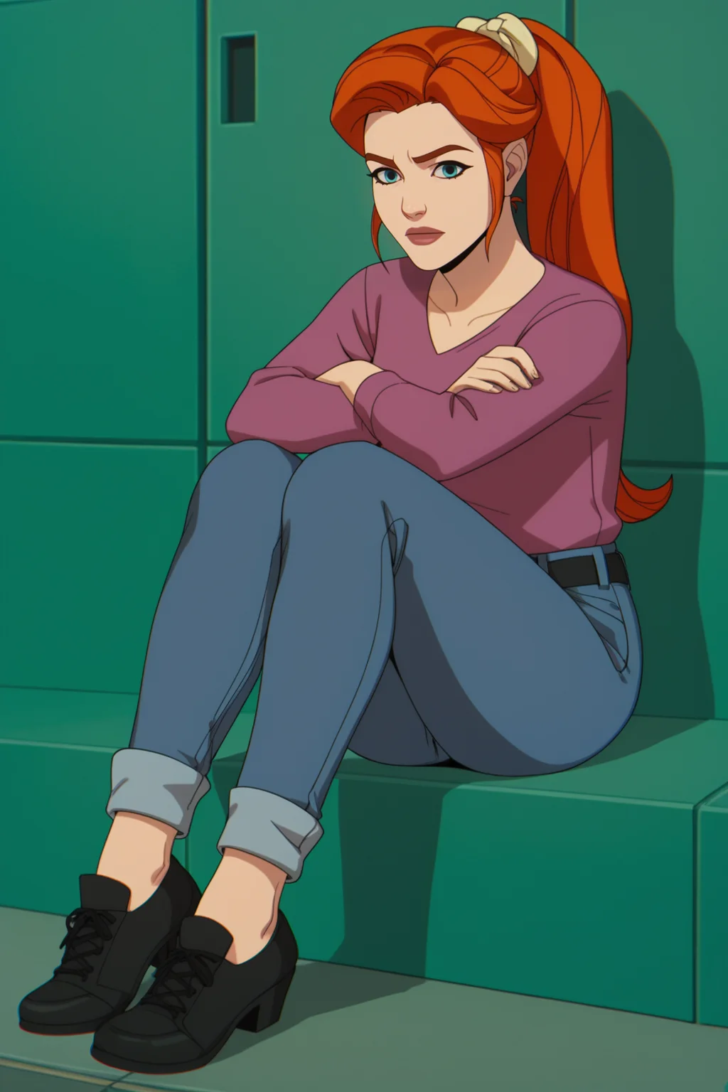 score_9, score_8_up, score_7_up, score_6_up, score_5_up, score_4_up, BREAK, <lora:Jean_V2:1>, 1girl, Jean, orange hair, blue eyes, purple shirt, jeans, black shoes, ponytail, sitting, arms crossed, looking at viewer