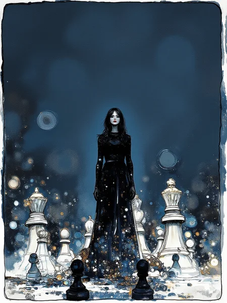 An illustrated image of a woman surrounded by large, floating chess pieces in the middle of an empty city square. <lora:InkEdgeMono-Complex_Epoch-08:1.1> 1NK3D63-M0N-C0M,
<lora:inkedgemono-simple_epoch-08:0.8> 1NK3D63SIM,
background is midnight blue <lora:Midjourney_Whisper_AgateX_v1:0.7>, border is charcoal grey
<lora:Midjourney_Whisper_Minimal:0.9>
| no deformed hands, no too many limbs, no too many fingers,