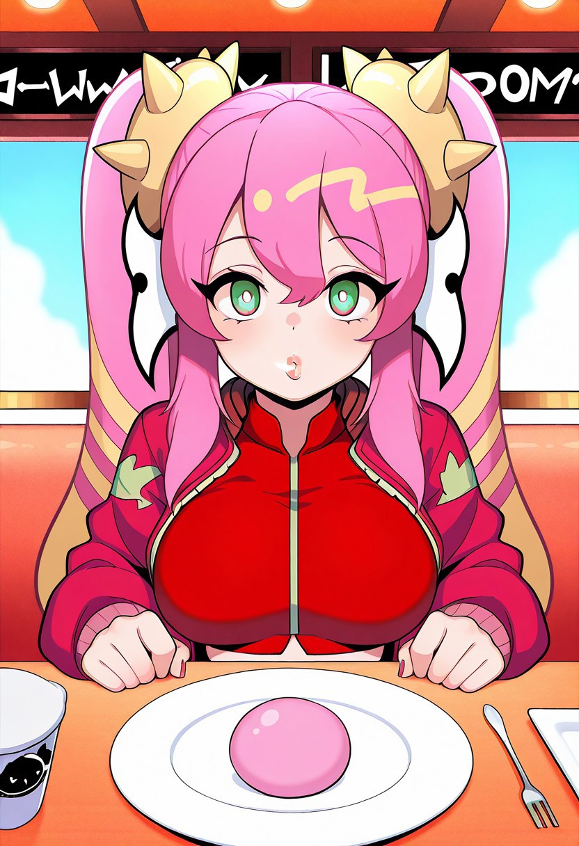 1girl, LiveTwinKi-sikilYu-Gi-Oh, general, solo, pov dating, straight-on, long hair, pink hair, twintails, large breasts, spike, red jacket, open jacket, crop top, dating, sitting, looking at viewer,  restaurant, table, candy on plate, masterpiece, best quality, amazing quality, lips ((( blowing pink bubblegum  ))),<lora:kp_LiveTwinKi-sikilLil-laYu-Gi-OhIllustrious_v1_0:1.0>