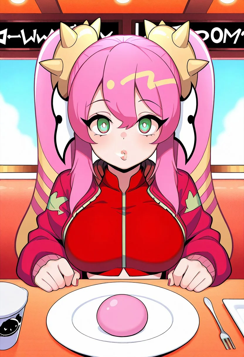 1girl, LiveTwinKi-sikilYu-Gi-Oh, general, solo, pov dating, straight-on, long hair, pink hair, twintails, large breasts, spike, red jacket, open jacket, crop top, dating, sitting, looking at viewer, restaurant, table, candy on plate, masterpiece, best quality, amazing quality, lips ((( blowing pink bubblegum ))),<lora:kp_LiveTwinKi-sikilLil-laYu-Gi-OhIllustrious_v1_0:1.0>