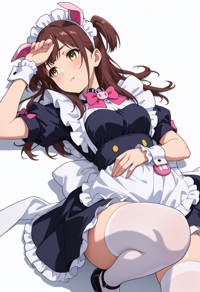 Smooth Quality,masterpiece,very intricate, high quality details, ultra realistic, high detailed skin,detailed enviorement,absurdres,
 <lora:Wahira_Nagomi_CNR:0.8> wahira_cnr, 1girl,brown hair, long hair, two side up, yellow eyes,pig ears, fake animal ears,maid, maid headdress, maid apron, puffy short sleeves,white thighhighs, black footwear, wrist cuffs, frills, pink bowtie,, simple background, white background, front view,solo,
lying supine, one knee up, arm draped over forehead, other hand on stomach  ,, :t,