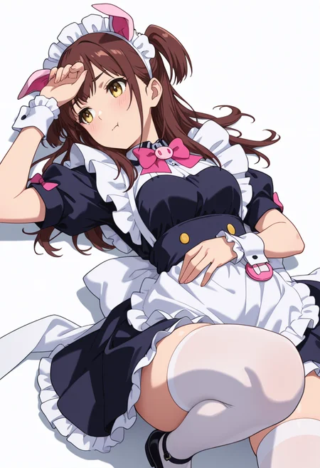 Smooth Quality,masterpiece,very intricate, high quality details, ultra realistic, high detailed skin,detailed enviorement,absurdres,
<lora:Wahira_Nagomi_CNR:0.8> wahira_cnr, 1girl,brown hair, long hair, two side up, yellow eyes,pig ears, fake animal ears,maid, maid headdress, maid apron, puffy short sleeves,white thighhighs, black footwear, wrist cuffs, frills, pink bowtie,, simple background, white background, front view,solo,
lying supine, one knee up, arm draped over forehead, other hand on stomach ,, :t,